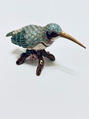 Enamel Hummingbird on branch  trinket figurine aquamarine with crystals